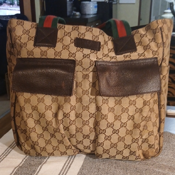 AUTHENTIC GUCCI WEB SHERRY LINE TOTE BAG GG CANVAS LEATHER - Picture 1 of 16